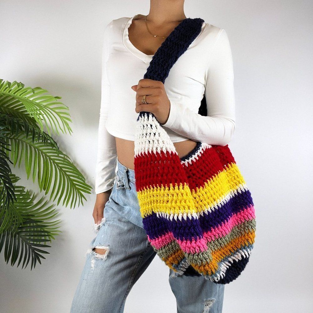 Vintage Y2K Indie Boho Oversized Cottagecore Crochet Knit Hobo Shoulder Bag